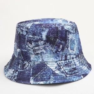 Detail of vintage 90s patchwork denim print bucket hat with textured cotton fabric