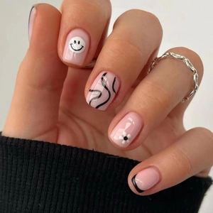 Press On Nails Pink False Nails With Smiley Face Flower Line Pattern Glossy Long Square Manicure For Women Girls