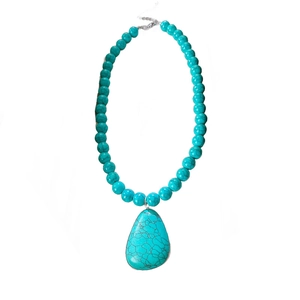 Vintage turquoise beaded necklace with water drop pendant and silver clasp closure