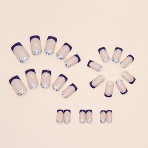 French blue square press-on nails with silver glitter accent and neutral base color