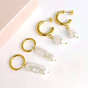 Minimalist 18K gold plated stainless steel C-shape and round hoop earrings with baroque pearls
