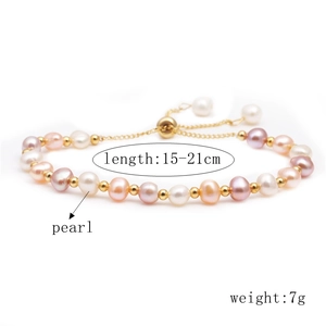 Detail of colorful freshwater pearls and golden clasp with size specs 15-21cm