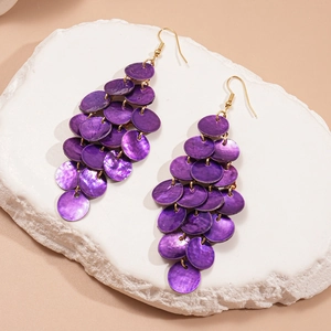 Elegant purple shell sequin tassel earrings with golden hooks for a bohemian beach style