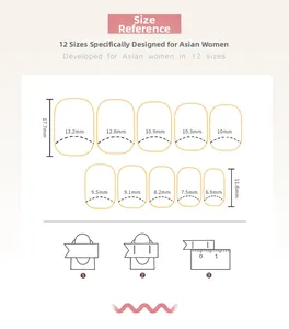 Detailed size guide for press-on nails featuring 12 different widths and length parameters