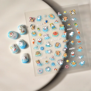5D embossed summer nail stickers featuring cute swimming animals and surfboards
