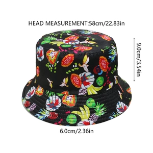 Size chart for tropical fruit print bucket hat showing 58cm circumference and 9cm crown height