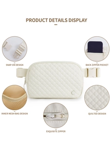Detailed views of checkered waist bag featuring buckle, zip pocket, and inner mesh pouch