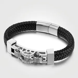 Men Woven Leather Bracelet Mechanical Gear Stainless Steel Biker Jewelry Punk Style Industrial Magnetic Clasp