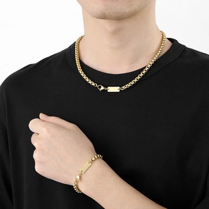 Ensemble collier et bracelet pour homme en acier inoxydable doré avec pendentif carré