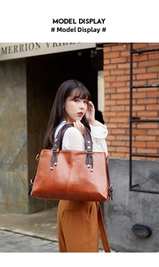 Brown leather shoulder handbag, large capacity commuter tote bag for women daily office use.