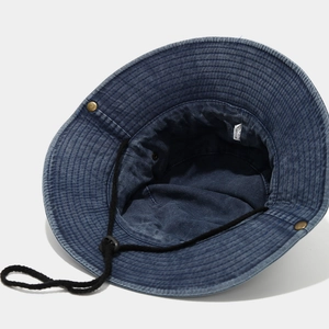 Vintage navy washed denim cowboy sun hat with adjustable windproof drawstring for outdoor wear