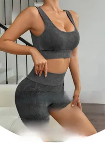 Detail of ribbed knit yoga set showing U-neck sports bra and high-waist tight shorts