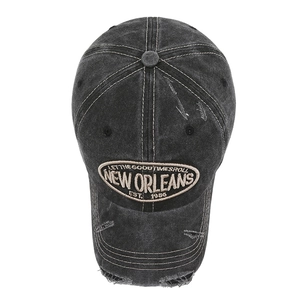 Distressed vintage black baseball cap with New Orleans embroidery and contrast stitching