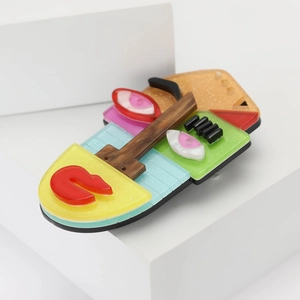 Abstract acrylic Van Gogh style face brooch with colorful geometric multilayered design