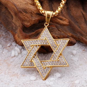 Gold Star of David pendant necklace with sparkling crystals on a square pearl chain