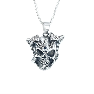 Gothic silver skull and snake pendant necklace in polished titanium steel for men