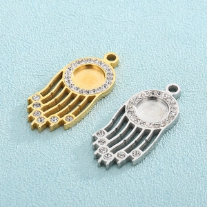Hamsa Hand Pendant Base Bezel Tray Stainless Steel With Rhinestones For DIY Necklace Earring Making Charms