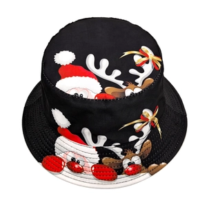 Christmas bucket hat in black with Santa and reindeer patterns on heavy cotton fabric