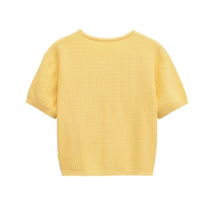 Classic bright yellow short sleeve knit cardigan with round neck and ribbed texture