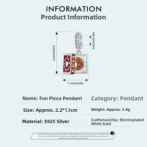 Detailed dimensions of a fun S925 silver pizza charm with enamel pizza box design