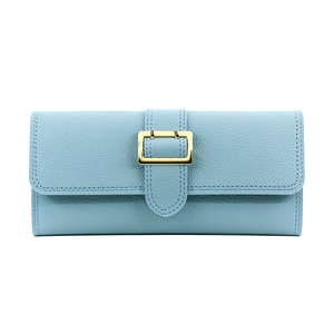 Minimalist fog blue long wallet in litchi grain PU leather with gold metal buckle