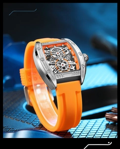 Detail of tonneau-shaped silver mechanical watch with orange silicone strap on blue background