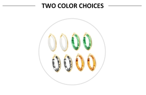 Detail view showing four resin hoop earrings in pearl white, green, grey, and amber gold