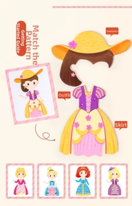 Dettaglio del puzzle magnetico con principesse con accessori, top e gonne da comporre