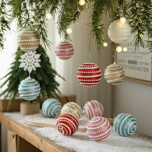 Elegant pearl striped Christmas ball ornaments with glitter details on snowy pine needles