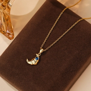 S925 sterling silver croissant pendant necklace with blue gemstone and gold finish