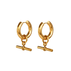 Minimalist gold titanium steel hoop earrings featuring a trendy T-bar pendant for women