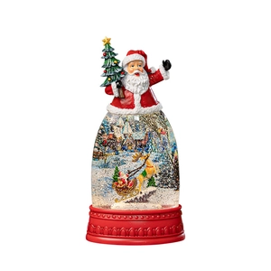 Santa Claus musical snow globe with reindeer sleigh scene and red decorative base