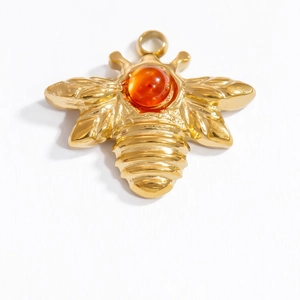 Golden stainless steel bee pendant with orange gemstone inlay for jewelry DIY