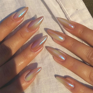 Champagne gold aurora almond fake nails with iridescent blue metallic shimmer finish