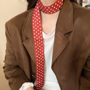 Classic red polka dot silk scarf necklace styled with a vintage brown suede blazer