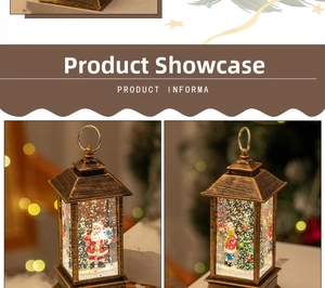 Close-up of vintage bronze Christmas lantern with Santa scene and glittering snow effect