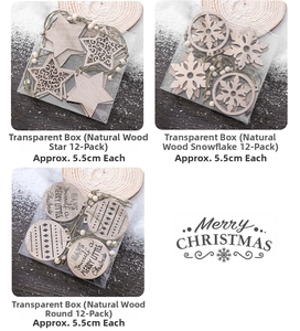 Set of 12 festive wooden Christmas ornaments featuring snowflakes and stars with twine