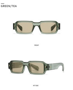 Front and 45-degree side views of matte green square sunglasses with tea lenses and gold rivets