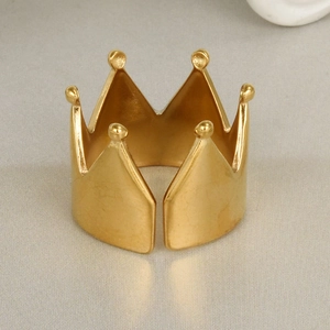 Detailed front view of adjustable gold crown ring with five points and micro ball tips