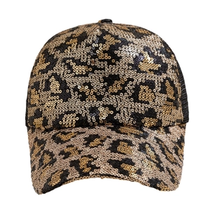 Vintage baseball cap with sequined leopard print pattern and black mesh back