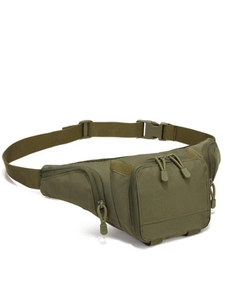 Tactical army green waist bag with adjustable straps and multiple pockets in side view