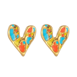 Colorful enamel heart stud earrings in gold stainless steel with artistic abstract patterns