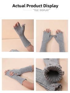 Macro view of grey ribbed knit arm warmers featuring distressed ripped details