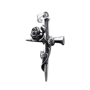 Retro stainless steel cross pendant with rose flower for street style necklace