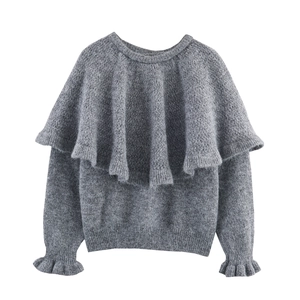 Pull En Maille Gris Femmes Col Rond Poignets À Volants Ajouré Doux Confortable Décontracté Haut À Manches Longues
