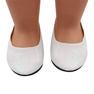 Sparkly white glitter doll shoes with round toe for 18-inch American dolls
