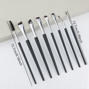Set of 8 precision eye makeup brushes with black handles and brown gradient bristles