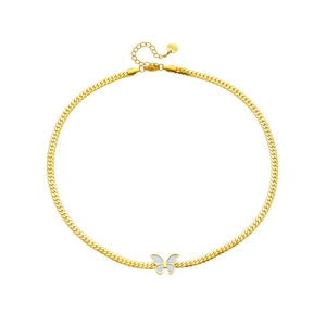 Gold stainless steel snake chain necklace with a white shell butterfly pendant detail