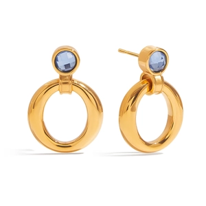 Vintage Stainless Steel Blue Zirconia Door Knocker Earrings 18K Gold Plated Hollow Round Ring Stud Earrings For Women