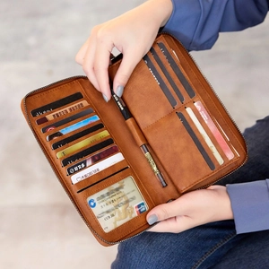 Women Long Wallet RFID Blocking Vintage PU Leather Large Capacity Clutch Bag With Wristlet Strap Retro Zipper Purse